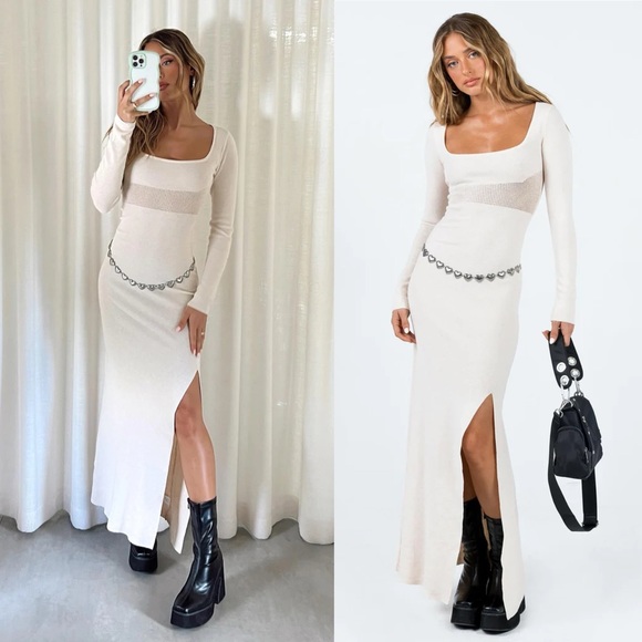 Princess Polly Dresses & Skirts - Princess Polly Barallen Long Sleeve Beige Knit Square Neck Side Slit Maxi Dress